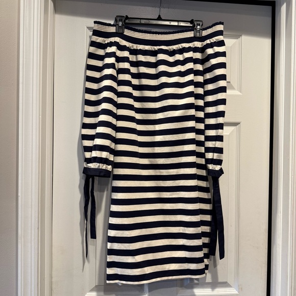 J. Crew Dresses & Skirts - J. Crew Navy and White Off-Shoulder Dress